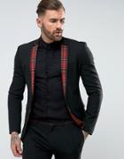 Asos Super Skinny Suit Jacket In Black With Plaid Trim - Black