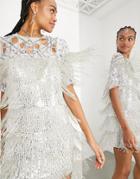 Asos Edition Fringe Mini Sequin Dress With Cutwork In Silver