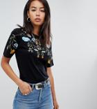 Asos Design Tall T-shirt With Bright Floral Embroidery - Black