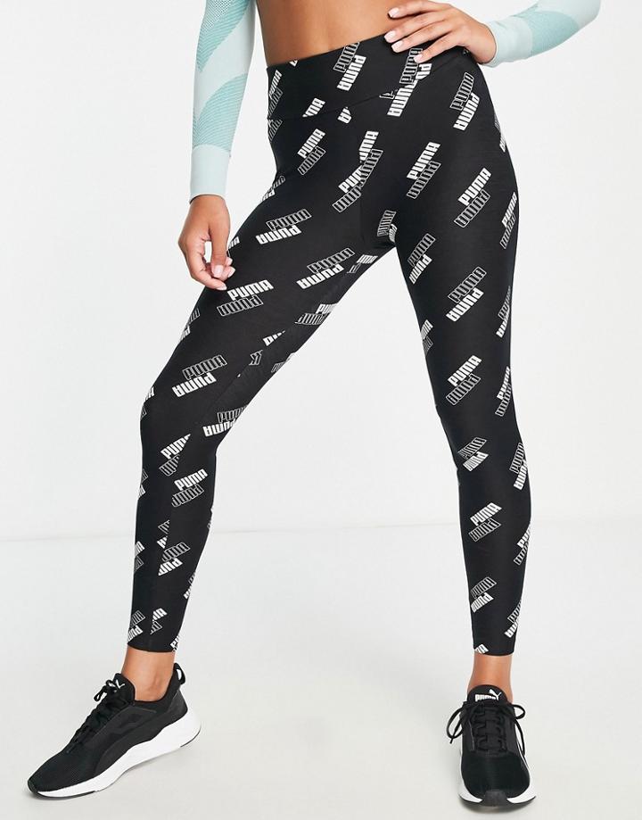 Puma Power All Over Logo High Waist 7/8 Leggings In Black