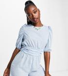 Missguided Tie Back Romper With Puff Sleeves In Blue-blues