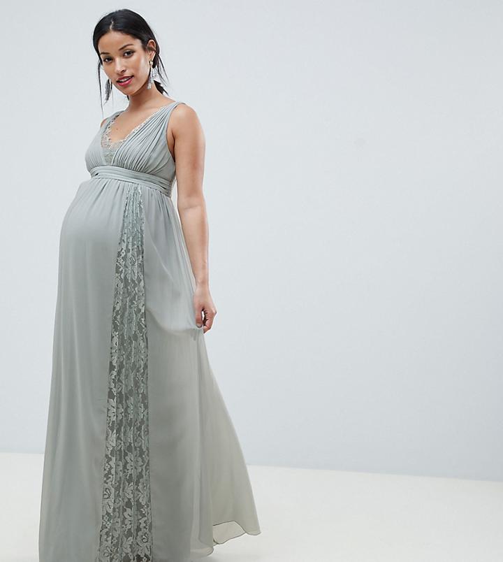 Little Mistress Maternity Maxi Dress With Lace Inserts - Green