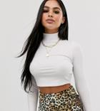 Asos Design Petite Turtleneck Long Sleeve Rib Crop Top In White - White