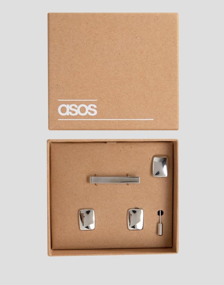 Asos Tie Bar Cufflink And Lapel Pin Set - Silver