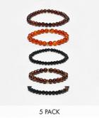 Asos Design 5 Pack Beaded Bracelet Set In Brown Tones