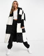 Jayley Color Block Check Shearling Midi Coat In Mono-multi