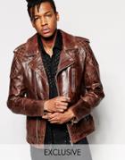 Black Dust Leather Biker Jacket With Quilting Detail - Brown