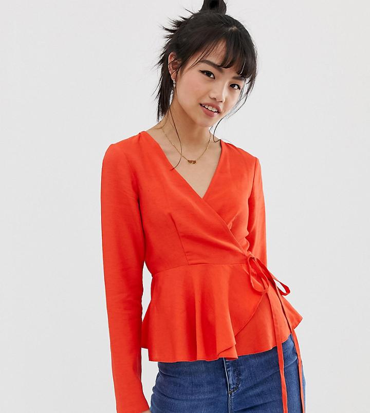 Asos Design Petite Long Sleeve Wrap Top In Linen With Pephem - Red