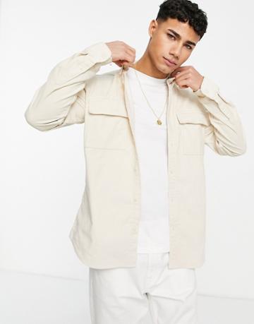 Selected Homme Cotton Oversized Cord Shirt In Ecru - Stone-neutral