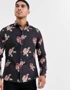Asos Design Slim Fit Shirt With Floral Print In Black