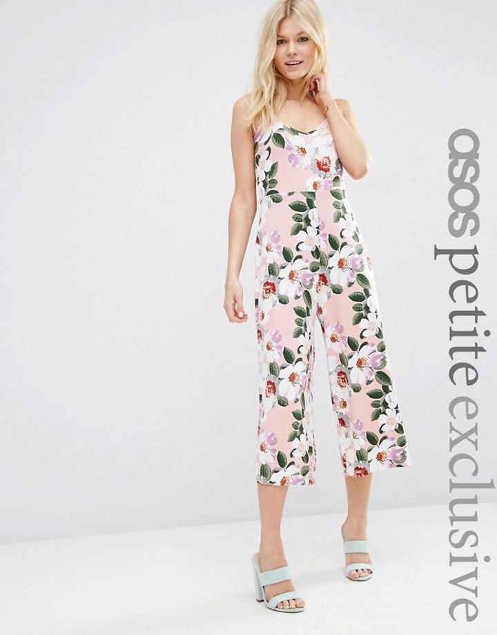 Asos Petite Strappy Wide Leg Jumpsuit In Pink Floral Print - Pink