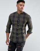 Asos Stretch Slim Check Shirt With Grandad Neck - Green