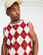 Liquor N Poker Knitted Sweater Vest In White With Burgundy Diamond Print-red