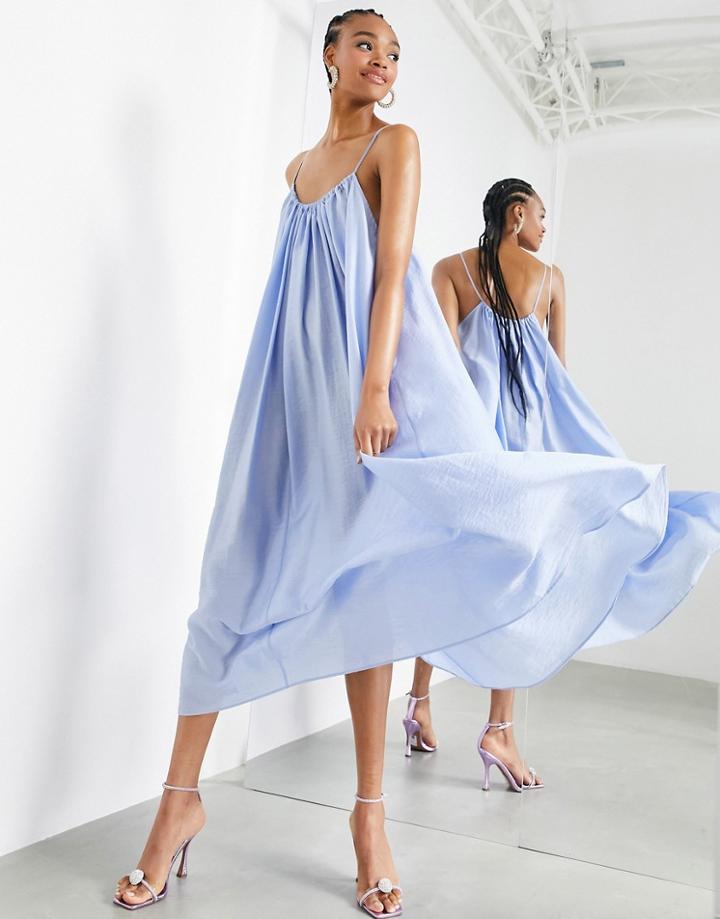 Asos Edition Cami Trapeze Maxi Dress With Tie Neck In Powder Blue-blues