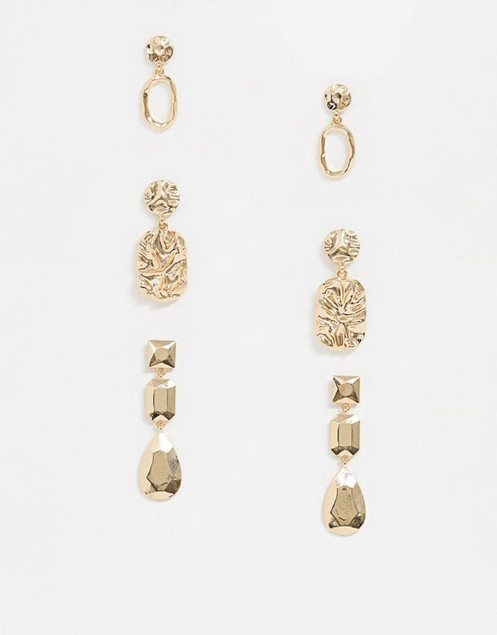 Asos Design Pack Of 3 Drop Earrings In Mixed Texture In Gold Tone