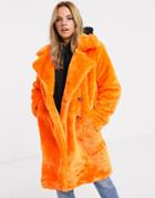 Qed London Faux Fur Midi Coat With Double Button Detail In Neon Orange