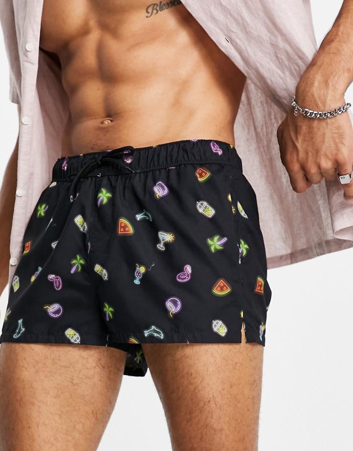 Asos Design Swim Shorts With Neon Sign Print Super Short Length-black