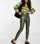 Topshop Petite Faux Leather Biker Pants In Khaki-green