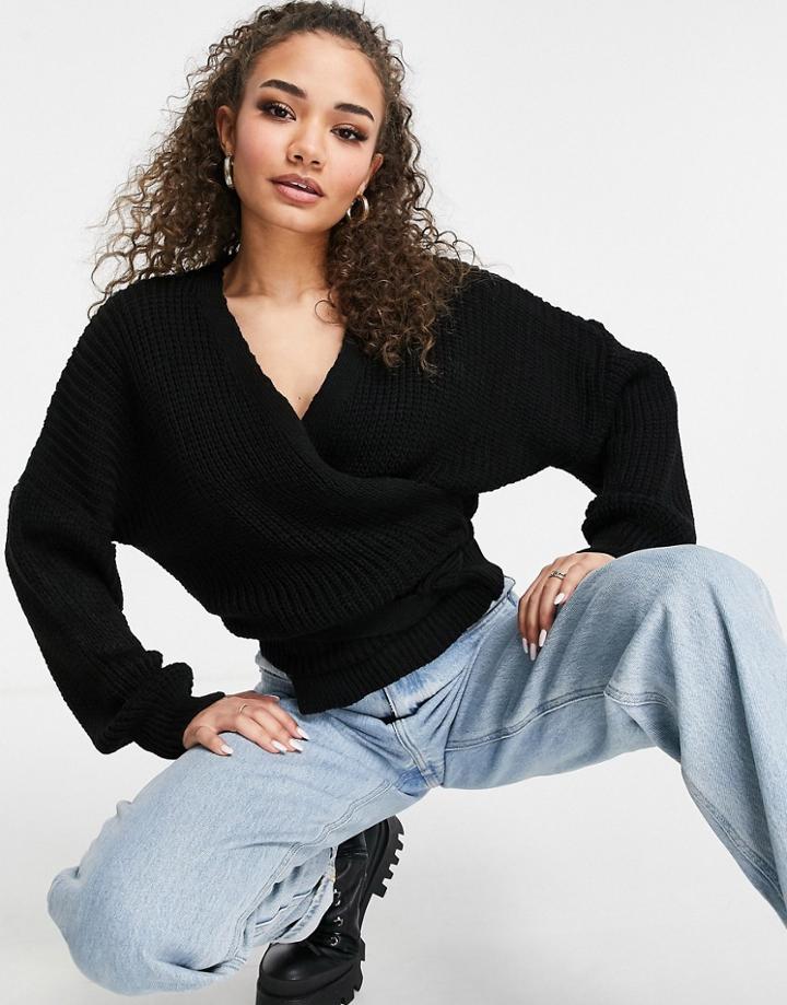 Naanaa Tie Front Wrap Cardigan In Black