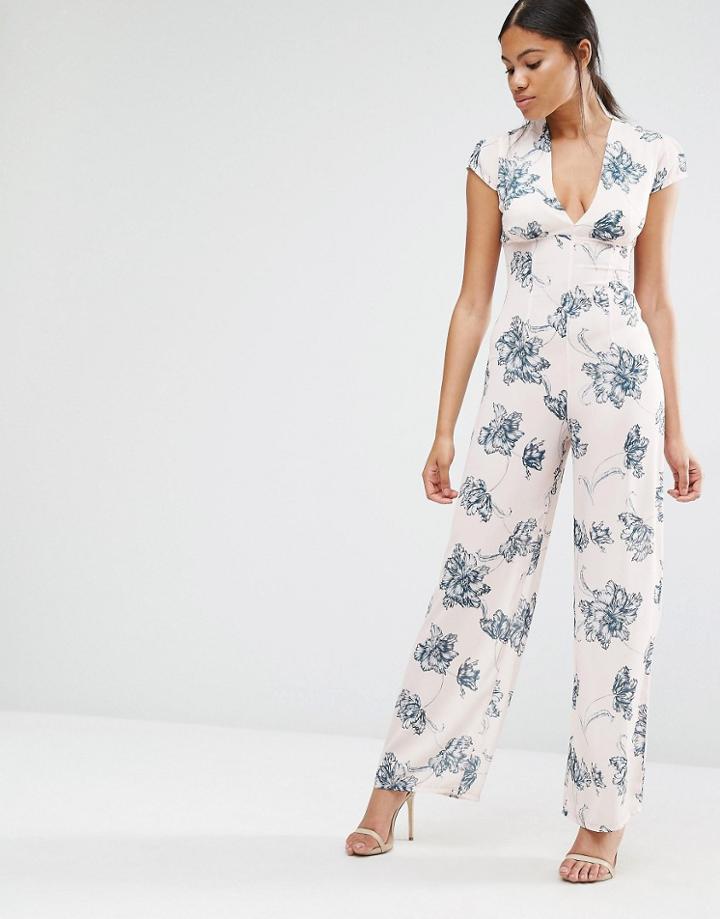 Love Floral V Neck Jumpsuit - Smudge Print