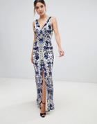 Bariano Embellished Maxi Dress With Thigh Split In Cobalt - Blue