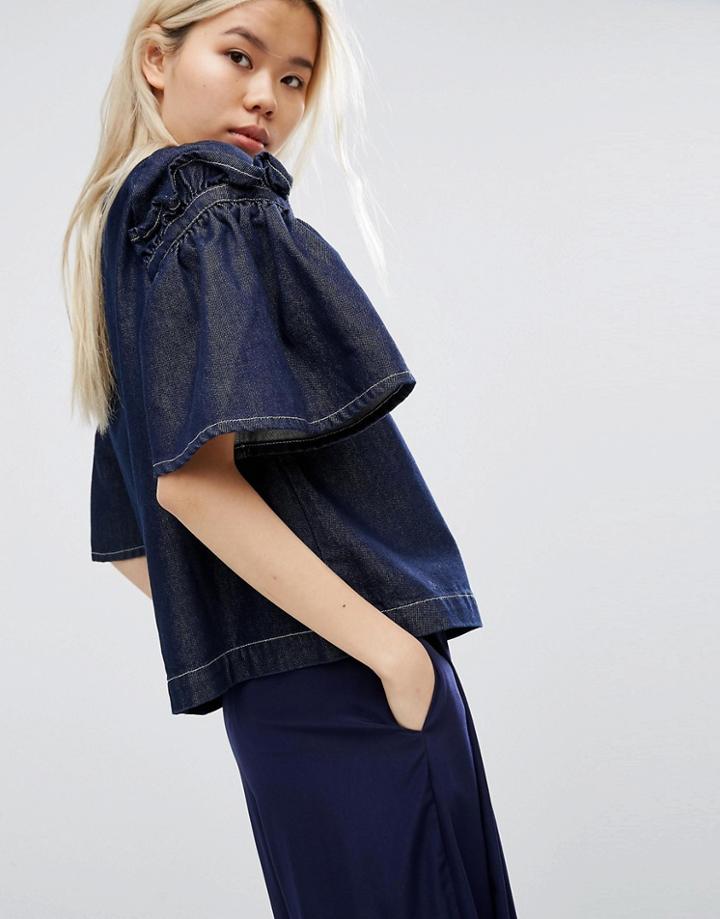 Asos White Denim Top With Frill Sleeve - Blue