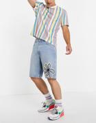 Asos Design Skater Denim Shorts In 90s Wash With Floral Print-blues