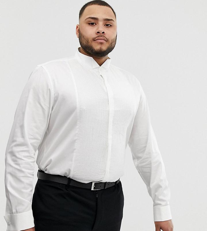 Asos Design Plus Slim Sateen Shirt With Pleated Front Placket - White