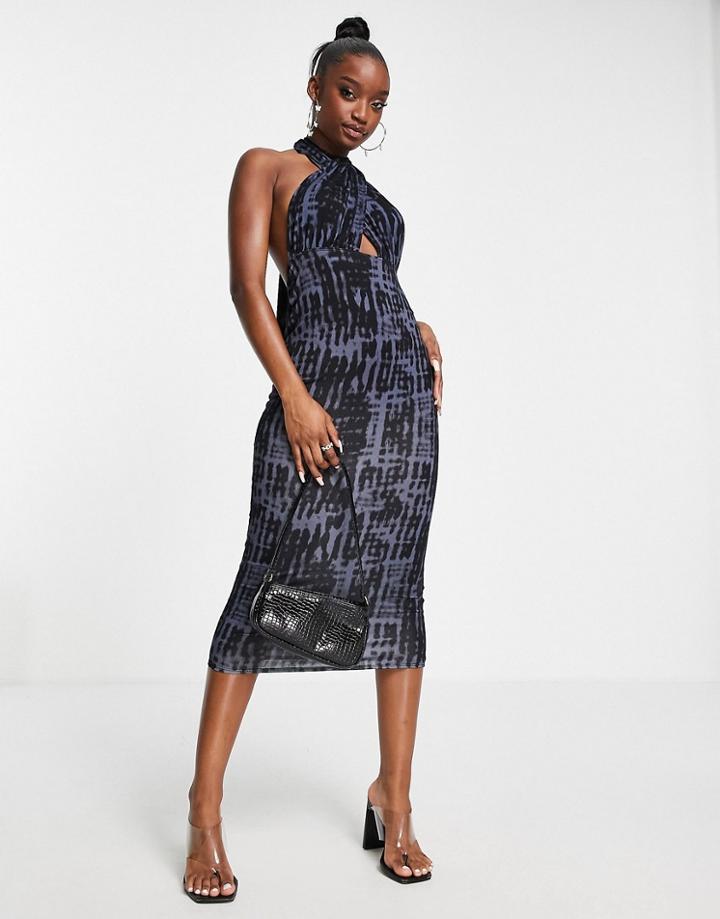 Asos Design Halter Cross Front Midi Dress In Denim Tie Dye-multi