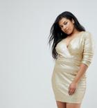 Club L Plus 3/4 Sleeve Wrap Front All Over Sequin Dress - Gold