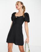 & Other Stories Puff Sleeve Mini Dress With Tie Front In Black Linen
