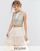 Lace & Beads Crop Top With Floral Embellishment - Cream