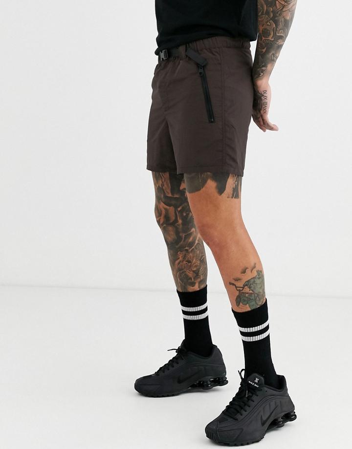 Asos Design Utility Shorts In Nylon With Webbed Belt-brown