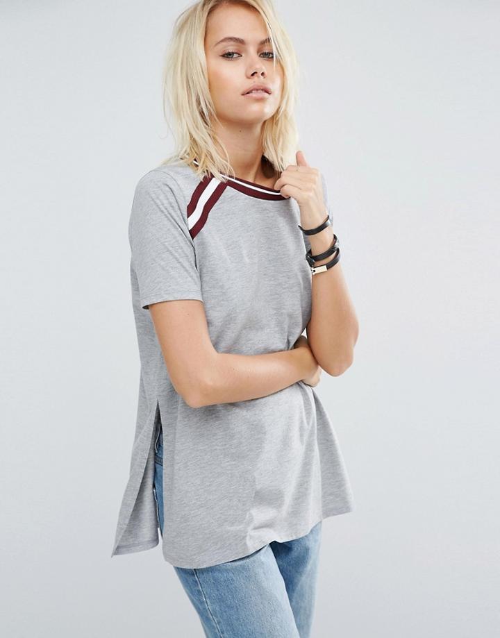 Asos T-shirt With Stripe Inserts In Longline Fit - Gray
