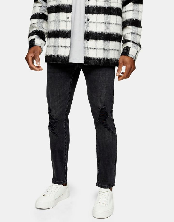 Topman Stretch Skinny Jeans With Rips In Washed Black