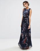 Little Mistress Pleated Maxi Dress In Navy Floral - Multi