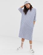 Monki Stripe Crew Neck Oversized Jersey Dress With Oversized Pockets In White