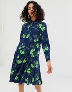 Asos White Printed Flower Button Through Dress - Navy