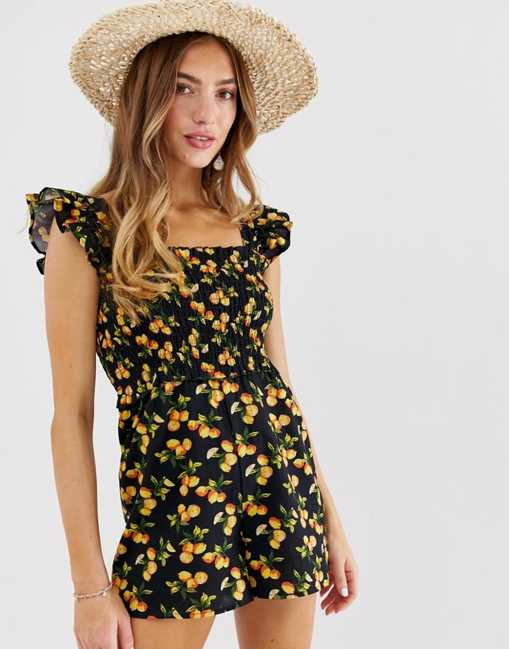 Asos Design Shirred Romper With Frill Sleeve In Fruit Print - Multi