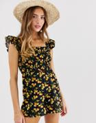 Asos Design Shirred Romper With Frill Sleeve In Fruit Print - Multi