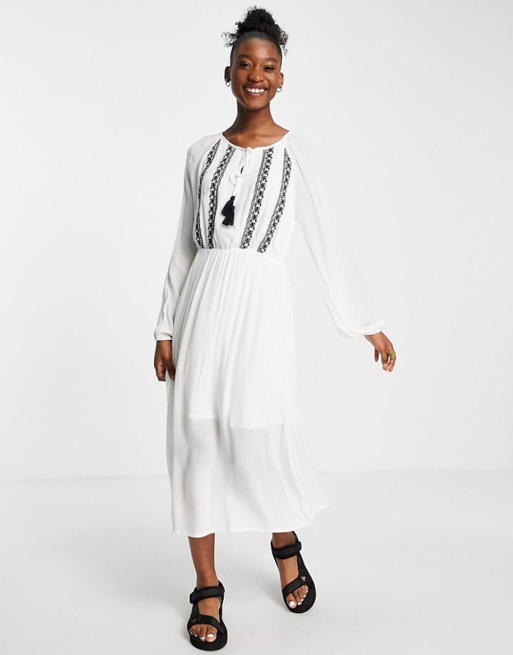 En Cr Me Long Sleeve Maxi Smock Dress With Embroidery Detail-white