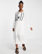 En Cr Me Long Sleeve Maxi Smock Dress With Embroidery Detail-white