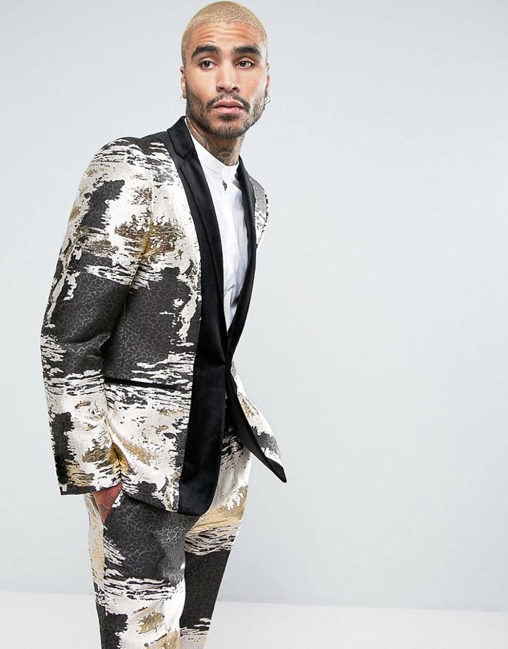Asos Slim Tuxedo Jacket In Metallic Jacquard With Velvet Trim - Gold