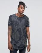 Pull & Bear Longline T-shirt In Black With Palm Leaves Print - Black