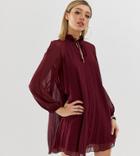 Asos Design Petite Pleated Trapeze Mini Dress With Tie Neck-red