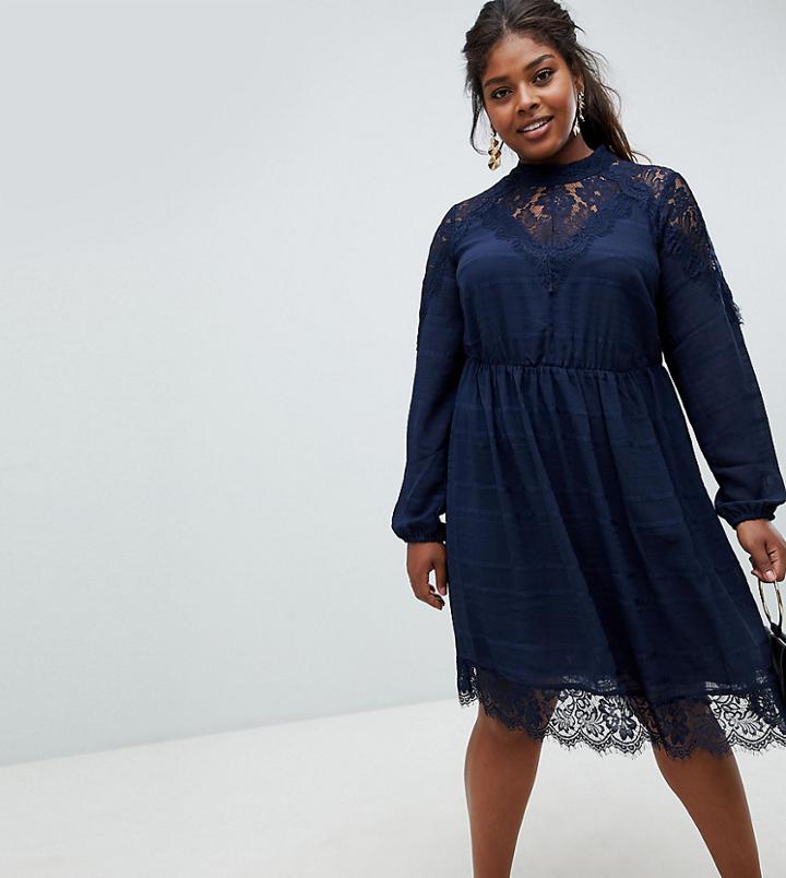 Junarose Lace High Neck Boho Dress - Navy