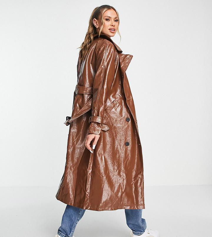 Missguided Vinyl Trench Coat In Brown