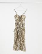 Asos Design Off Shoulder Ruffle Sequin Midi Dress In Pink-silver