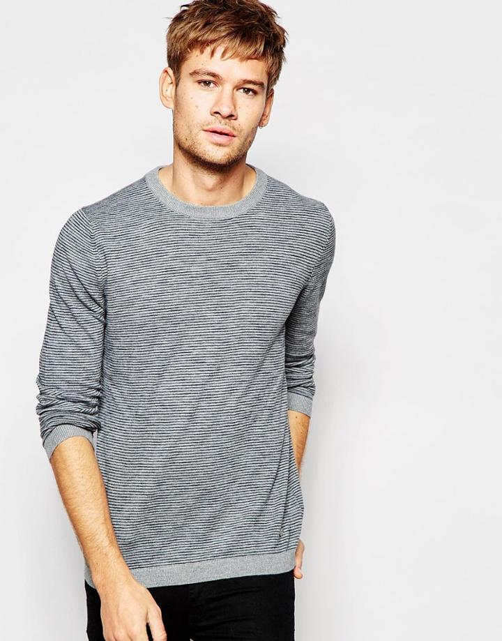 Esprit Knitted Sweater With Fine Stripe - Gray
