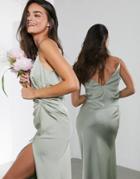 Asos Edition Satin Cami Maxi Dress With Drape Detail In Sage Green